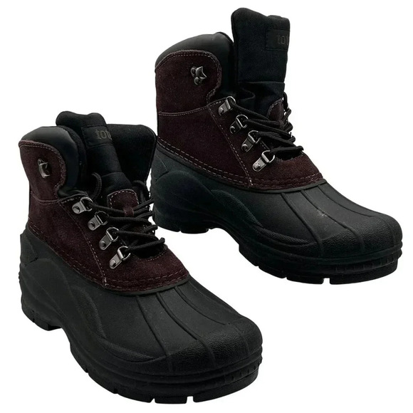 Totes Mens 9M Burgundy & Black Leather Snow Boots Rubber Soles Waterproof Shell - Picture 2 of 14